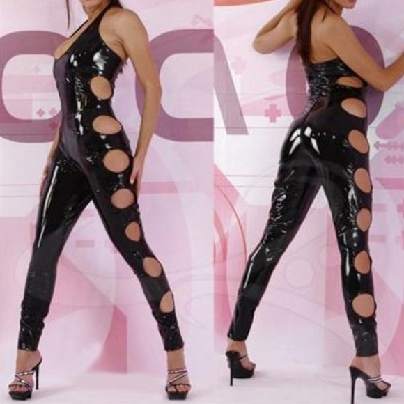 Black Patent Shiny Vinyl Cutout Sides Catsuit - Picture 1 of 8